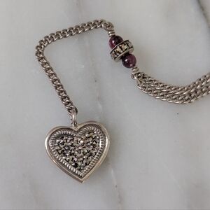 Vintage Sterling Heart Pendant Necklace w/Garnet Accents